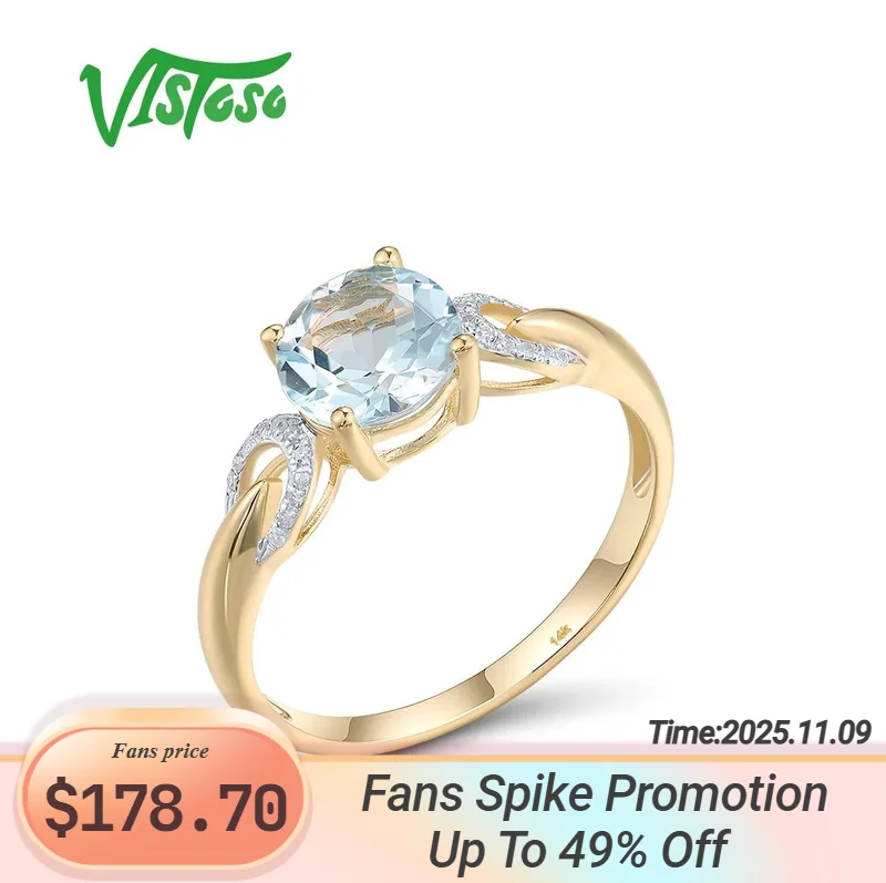 

VISTOSO Authentic 14K 585 Yellow Gold Round Sky Blue Topaz Shiny Diamonds For Lady Wedding Engagement Delicate Fine Jewelry