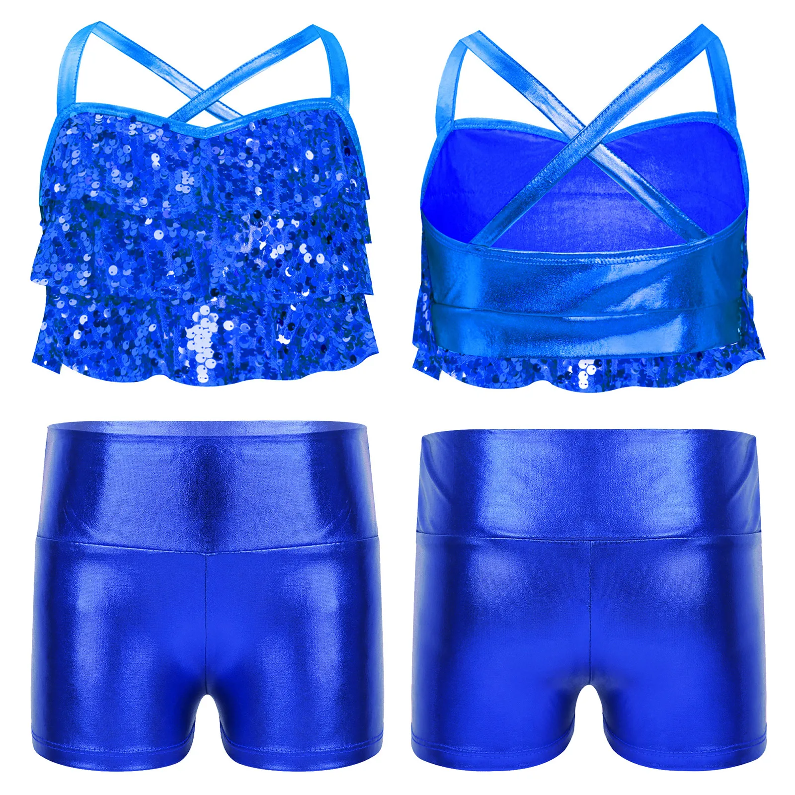 Kids Girls Metallic Shiny Sequin Hip Hop Jazz Dance Outfit Crop Top with Shorts Gymnastics Birthday Party School Show Dancewear