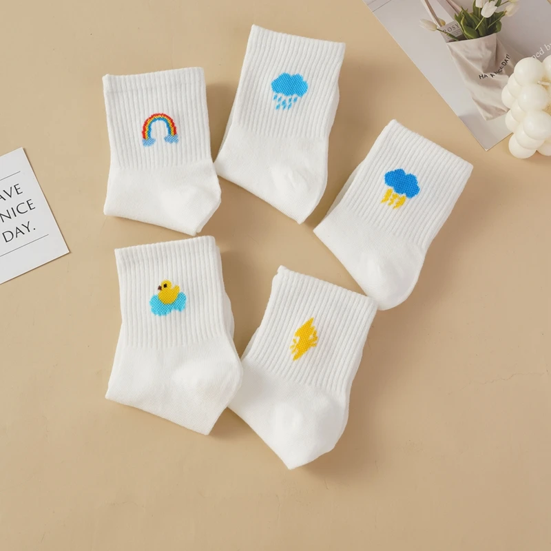 Children's Mid-Tube Casual Socks New Style Cartoon Cute Embroidery Pattern Breathable Skin-Friendly Simple White Sports Socks