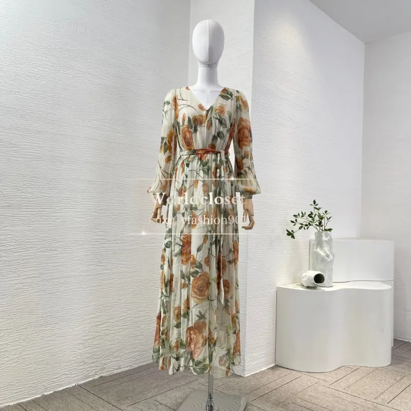 

2025 Slik Rose Print High Quality Long Sleeve V Neck Midi Dress Elegant