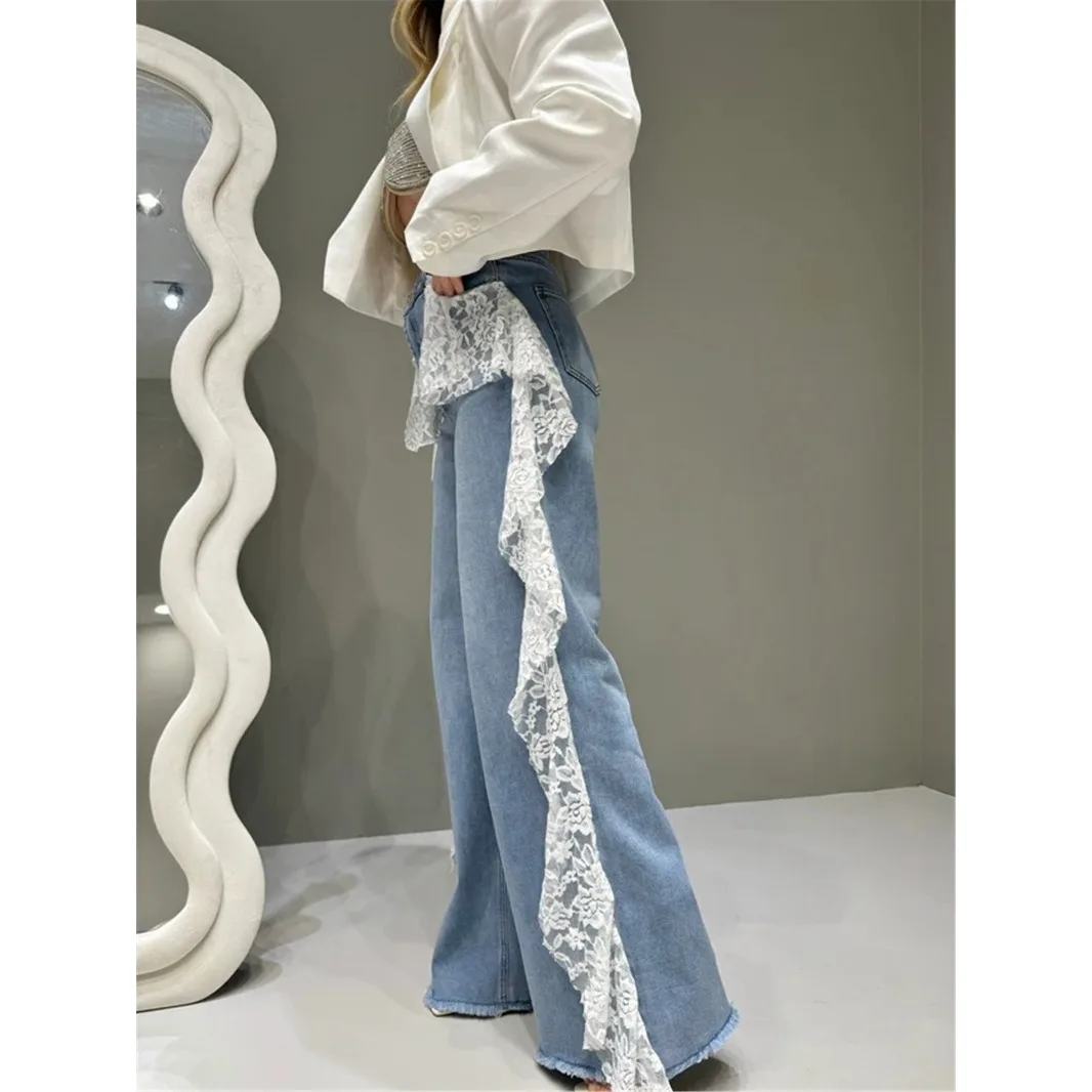Y2k Trendy All-match Lace Spliced Denim Straight Leg Pants Women Design Streetwear High Waist Vintage Jeans Mujer Clothes New