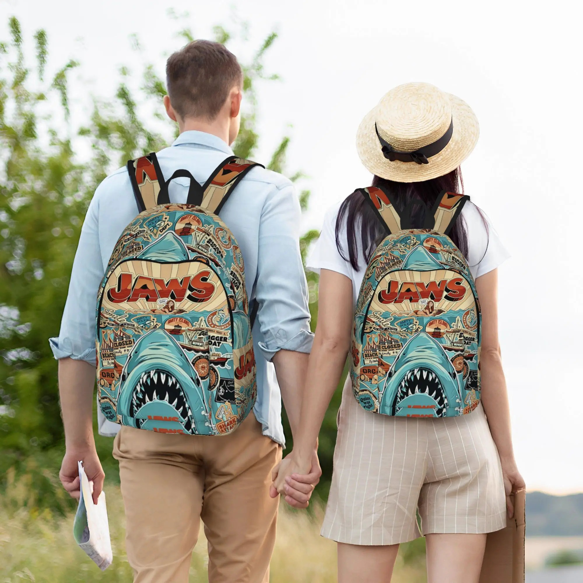 

Jaws Classic Film Amity Island Fashion Backpack Sports Student Hiking Travel Horror Daypack for Men Women College Canvas Bags