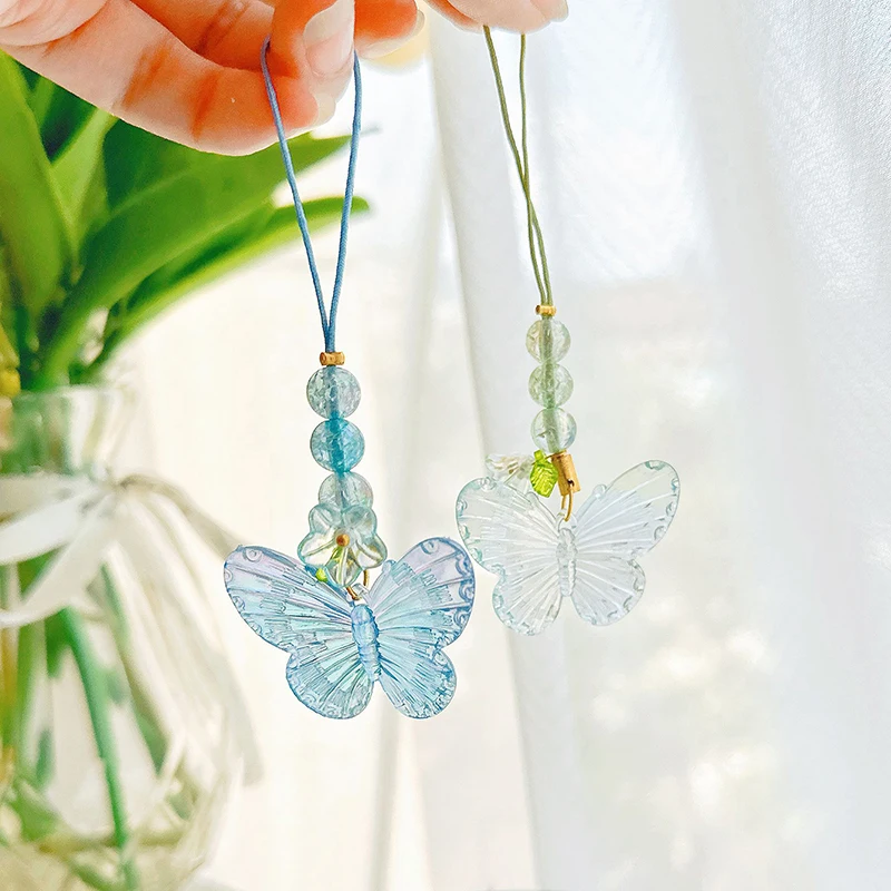 Convallaria-Pendentif fleur papillon pour téléphone, perle mignonne, porte-clés court, charme de téléphone coloré, petites sangles de téléphone, cadeaux doux et exquis