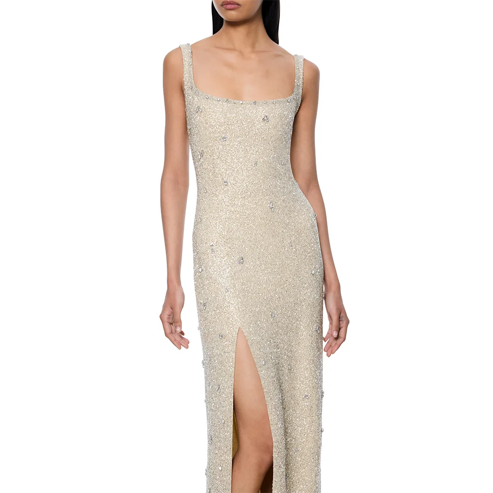 Klassische Abendkleider, maßgeschneidert, mit quadratischem Kragen, Ärmeln, Ballkleider, elegantes, gerades, formelles Partykleid mit Kristallen, neuestes Modell – Detail 3