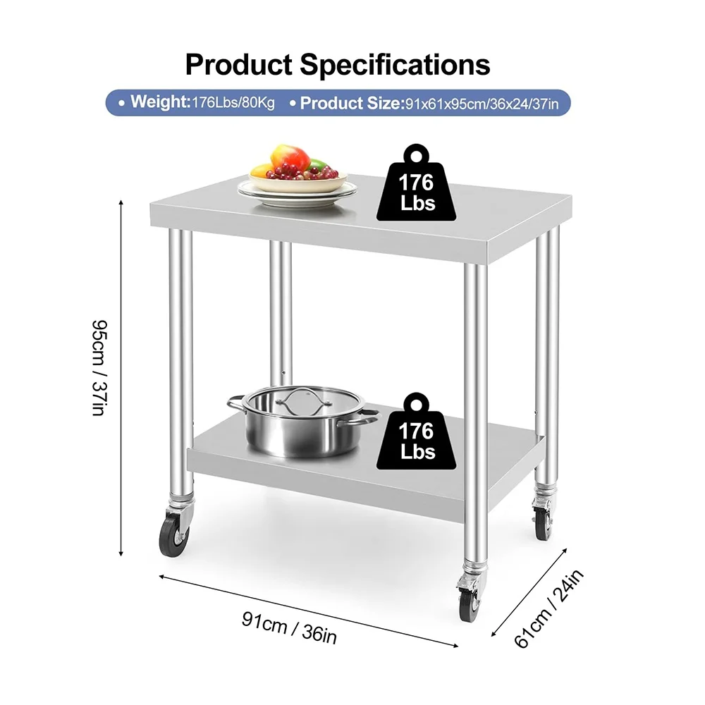 Mesa de acero inoxidable con ruedas, mesa de preparación de alimentos para cocina, mesa de trabajo de metal resistente para garaje, lavandería, hotel