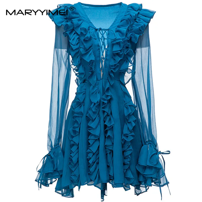 

MARYYIMEI Flare Sleeve V-Neck Solid dress Spring Summer Ruffle Hollow Out Fashion Women's Elegant Party Mini Dresses