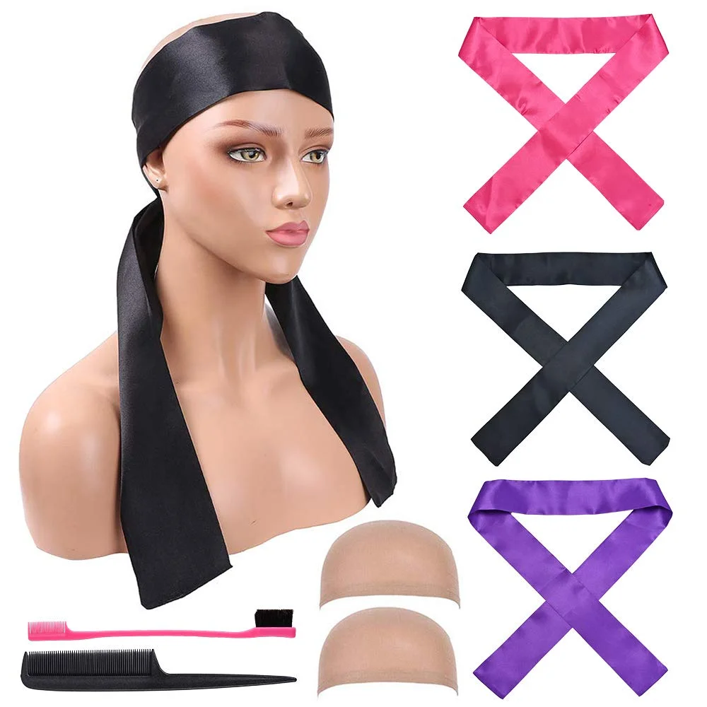 

3PCS Satin Edge Scarf for Laying Wigs Soft Wig Grip Band for Lace Front Makeup Facial Non Slip Hair Wrap with Edge Brush Wig Cap