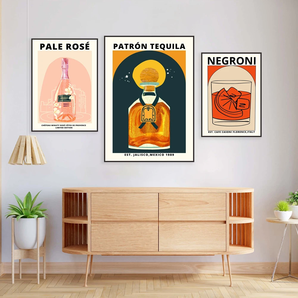 Negroni cocktail, tequila art, tequila drink poster, cocktail print, rose wine print, pink wall art, kitchen bar art decoration