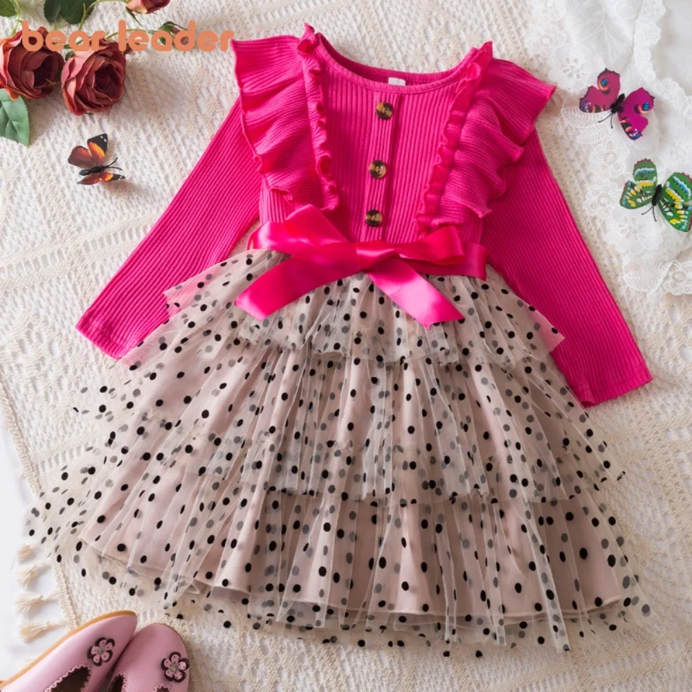 

Bear Leader Autumn Long Sleeved Rose Red Bow Decoration Girls Casual Dresses Fashionable Patchwork Polka Dot Printed Kids Dress