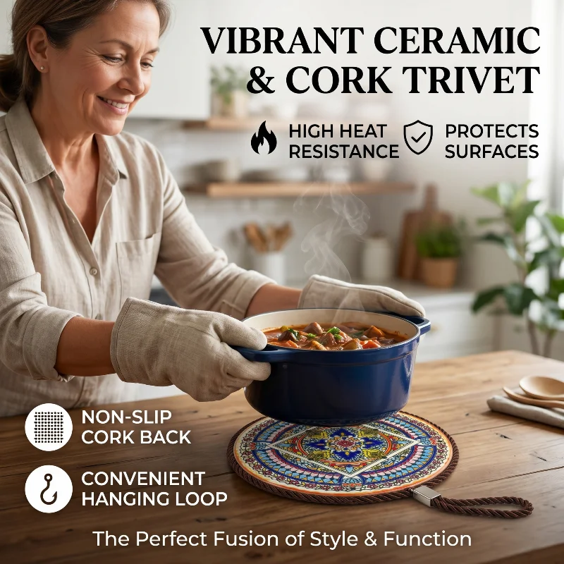 Vintage Ceramic Heat Insulating Mat Heat Resistant Mat With Cork Base Coasters New Chinese Style Dinner Mat With Hanging Rope