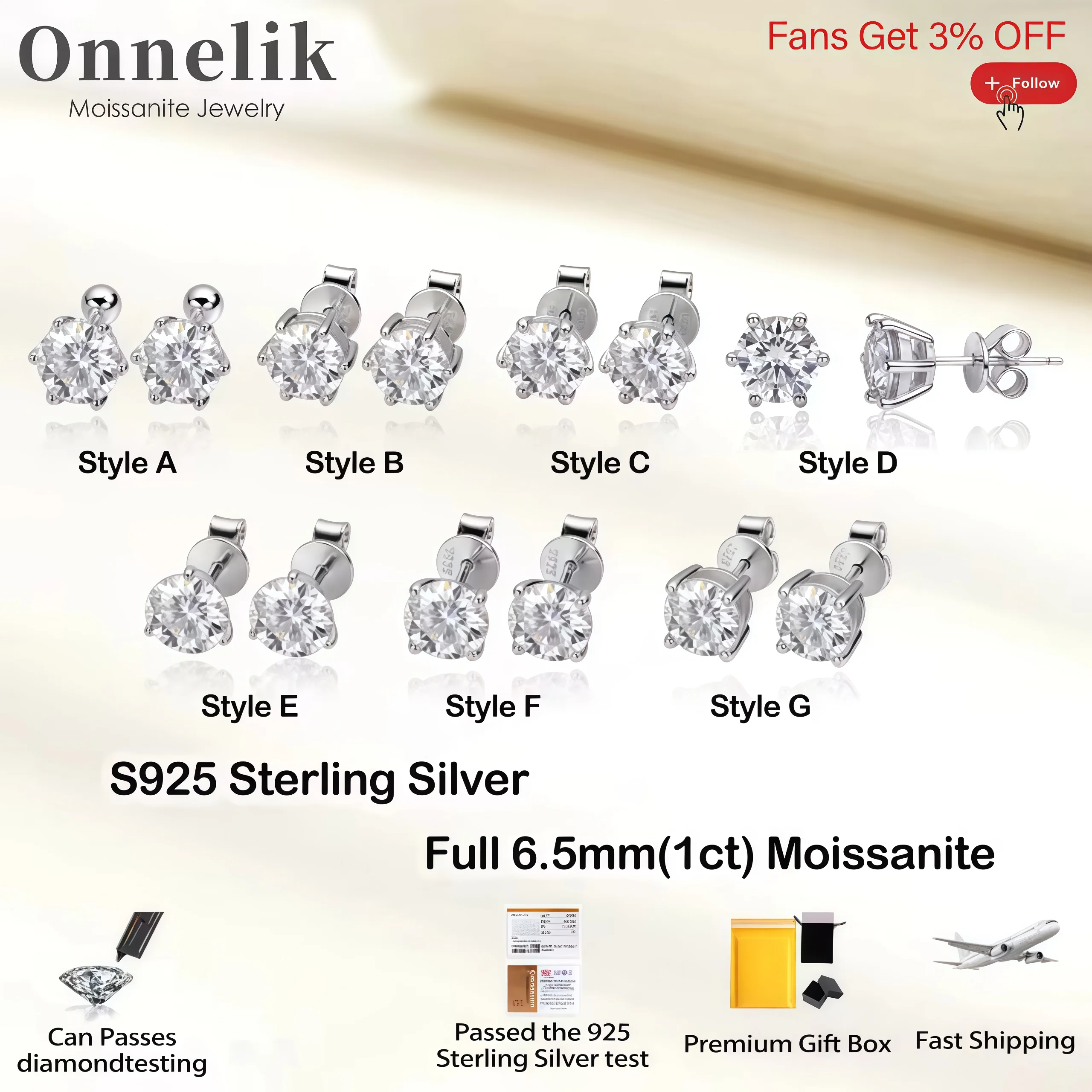 

Onnelik Full 6.5mm 1CT Moissanite ​​Earring Stud S925 Stering Silver Platinum Plated for Women Men Party Fine Jewelry Gift