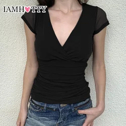 IAMHOTTY Chic Elegant Mesh Patchwork V-neck Top Women's Summer Slim-fitting Casual Basic Short Sleeve T-shirts French Style Tees