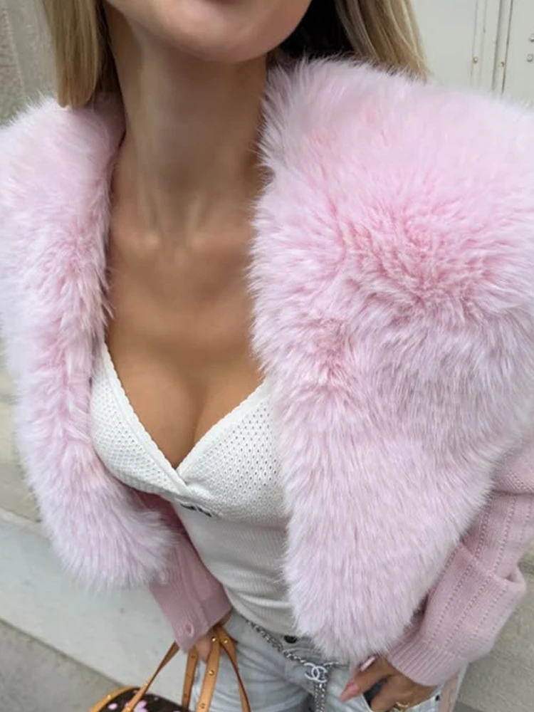 

Elegant Fur Patchwork Pink Cropped Cardigan Women Knit V-neck Single Breasted Full Sleeve Sweater 2026 Spring Lady All-match Top
