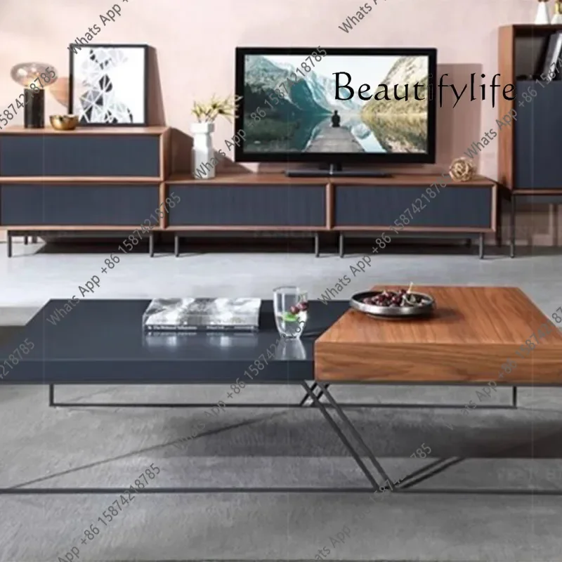 Mesa de Centro de Designer para Sala de Estar, Luxuosa, em Metal e Madeira, Moderna, com Base Quadrada, Móveis para Casa