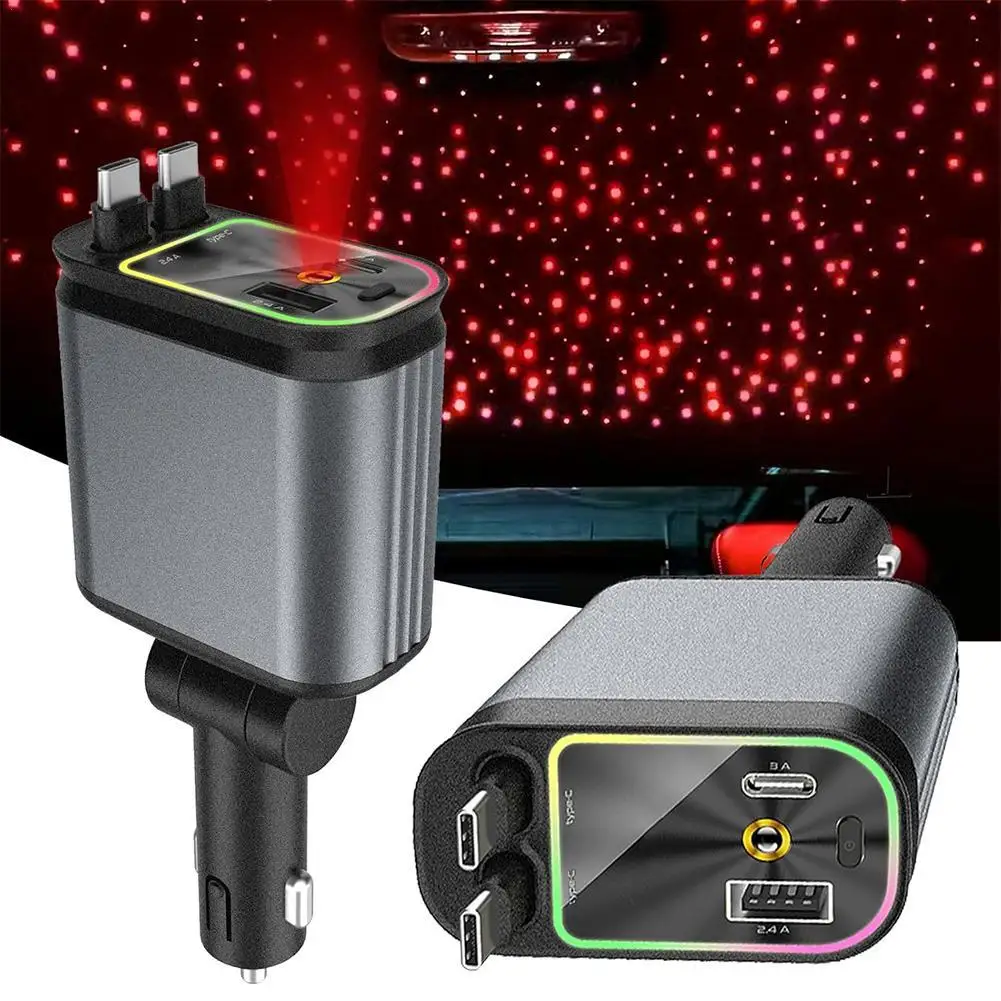 4 in 1 120W Retractable Car Charger Starlight In Car Roof Star Night Light Type C Fast Charging Adapter Dual Car Charge Adapter