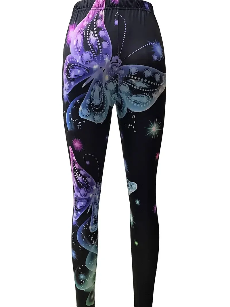 Butterfly print slim-fit elastic waist leggings for women traveling everyday wear