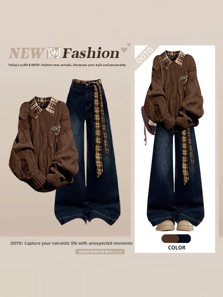 

Hong Kong Sle College Knitted Sweater Set with Plaid irt And Wide Leg Jeans Women's Autumn Winter Faion Ensemble