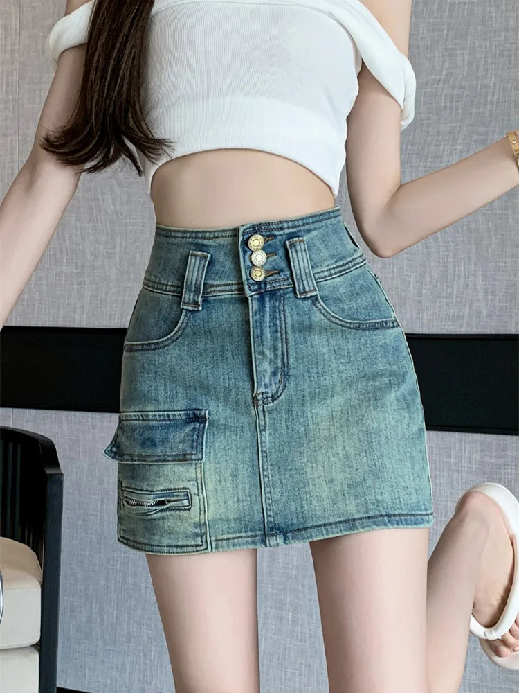 

Fashion Pocket Denim Skirt for Women American Retro Hottie A-line Hip Skirt Harajuku Y2k Fashion Street Casual Mini Skirt