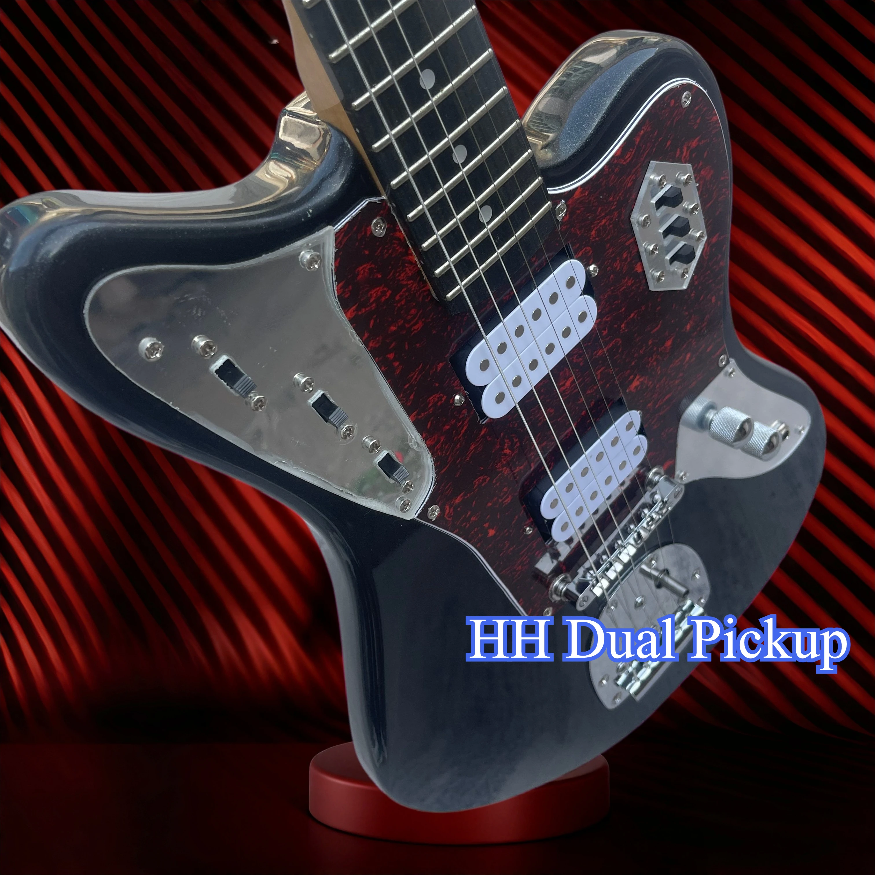 Deep Gray Metal Glitter Jag Style Electric Guitar HH Dual Pickup Floating Vibrato Punk Hard Rock Playing Guitar Free Shipping