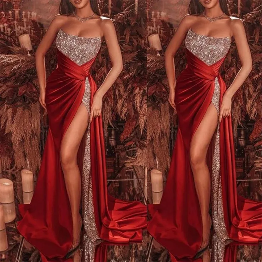 Vestido de noite formal com lantejoula brilhante, gola redonda, cetim sereia, lado sexy alta divisão, vestido de festa, moda vermelha