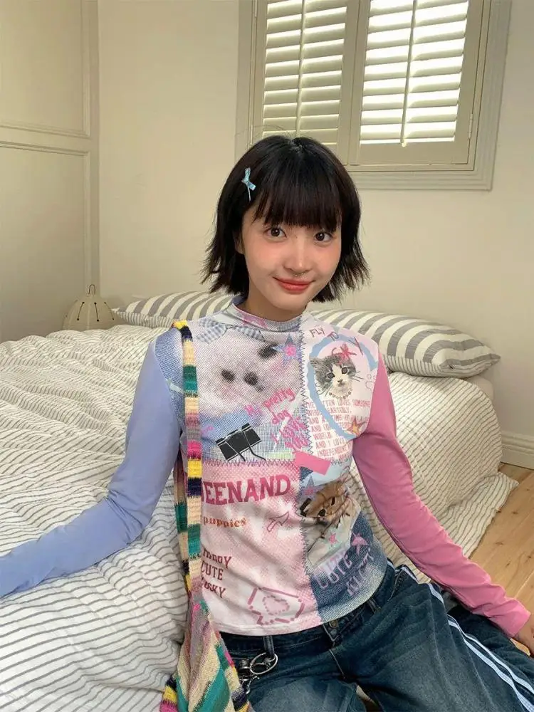 Seeslim Cartoon Graphic T Shirts Woman Clothes Long Sleeve Japan Style Tees 2000s Clothes Y2k T-shirt Kawaii Autumn Tops Chic