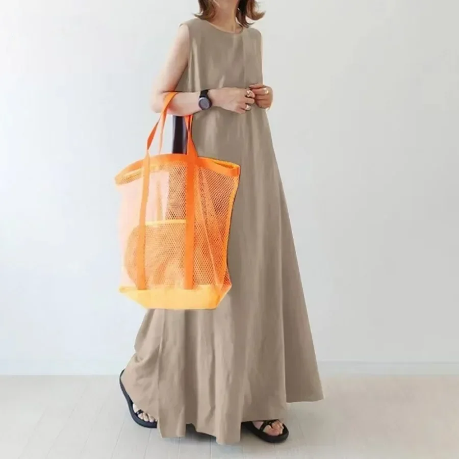 New 2024 Women's Summer Loose Long Maxi Dresses O-neck Solid Korean Style Pleated Dress Streetwear Women Elegant Robe Clothing