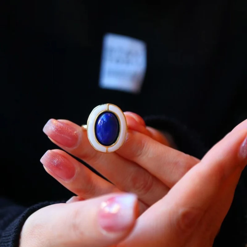 Elegant Natural Lapis Ring 925 Sterling Silver White Shell Fine Jewelry for Women Girl Birthday Party Gift