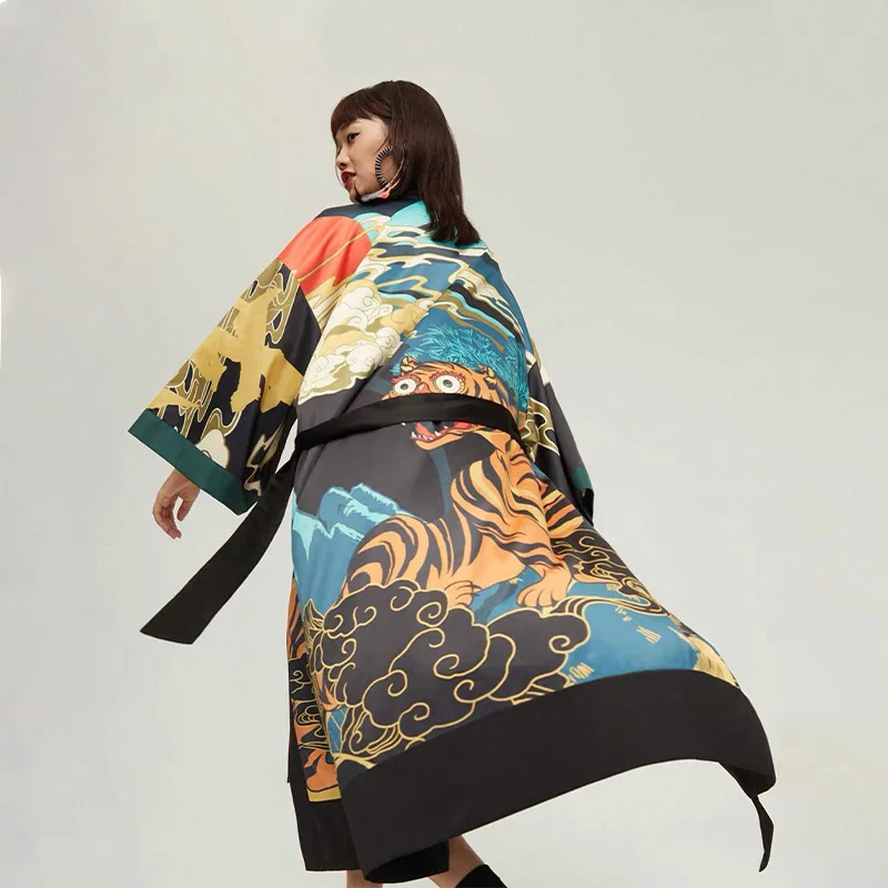European and American Fashion Loose Retro Tiger Print Mid-Length Kimono Cardigan Haori Jacket Summer Plus Size Beach Vacation Style One-Piece Swimsuit Cover-Up Sun Protection Clothing