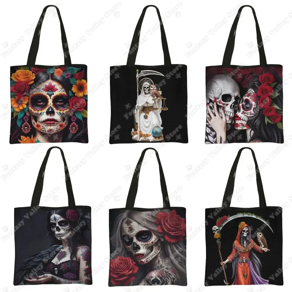 

Holy Death Print Totes Bag Mexico Skull Women Handbag Santa Muerte Large Capacity Shoulder Bag for Travel Reuseable Shopping Bag