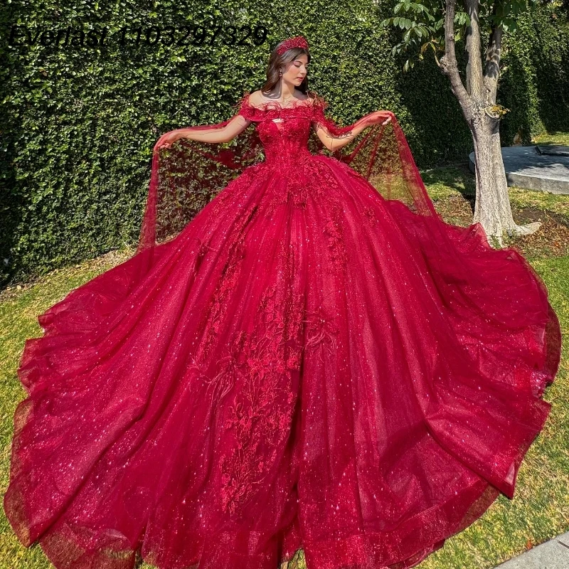 EVLAST-Robe de Bal Rouge en Dentelle Brillante avec Appliques Perlées, Corset Cape, TQD862, 16