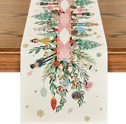 Christmas Nutcracker Floral Holly Linen Table Runner Dresser Scarf Winter Xmas Party Dining Table Decor Navidad Decorations 2025