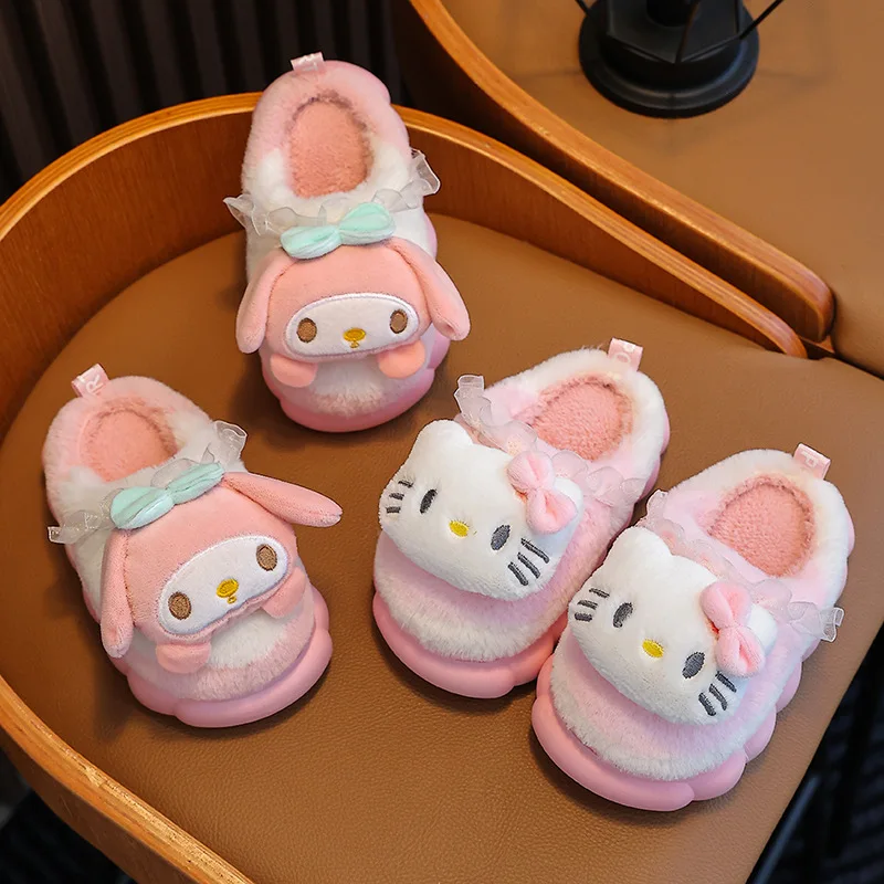 Sweet Family Winter Warm Slippers Cute Kawaii Sandals Kuromi My Melody Hello Kitty Soft Sole Shoes