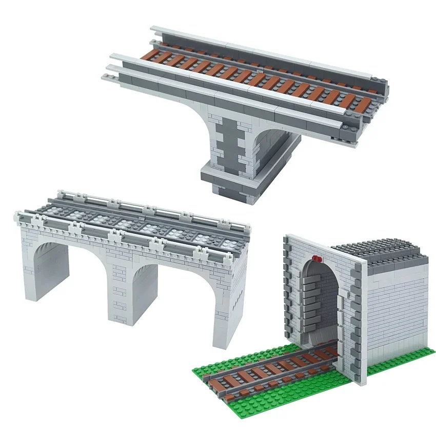 City Train Tracks Trein Track Rails Straight Curved Railway Building Blocks Train Station Bridge Brick Signs Signal Lights Model