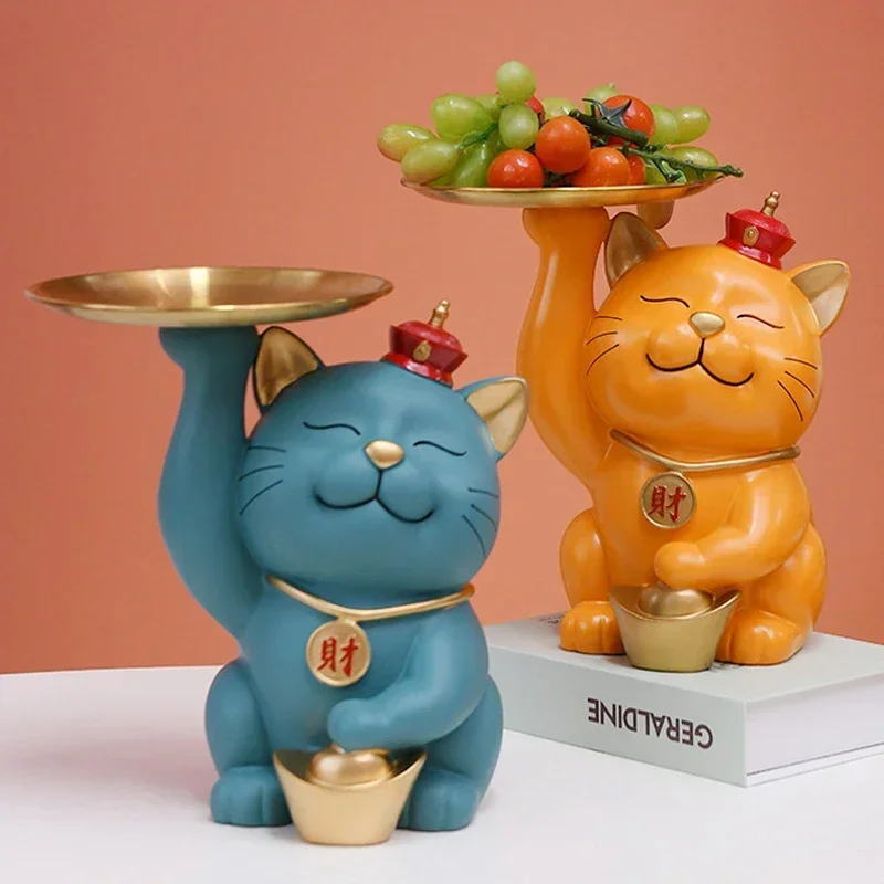 

Resin Fat Lucky Cat Tray Storage Figurines for Interior Entrance Desktop Containers Living Room Feng Shui Decoration