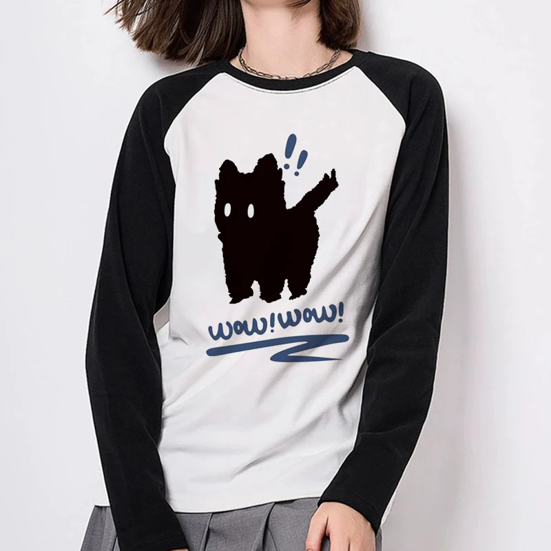 Lustiges T-Shirt für Damen, lässig, langärmelig, Rundhalsausschnitt, Top, T-Shirt, Winter, Herbst, langärmelig, schwarzes Katzen-Design-Shirt