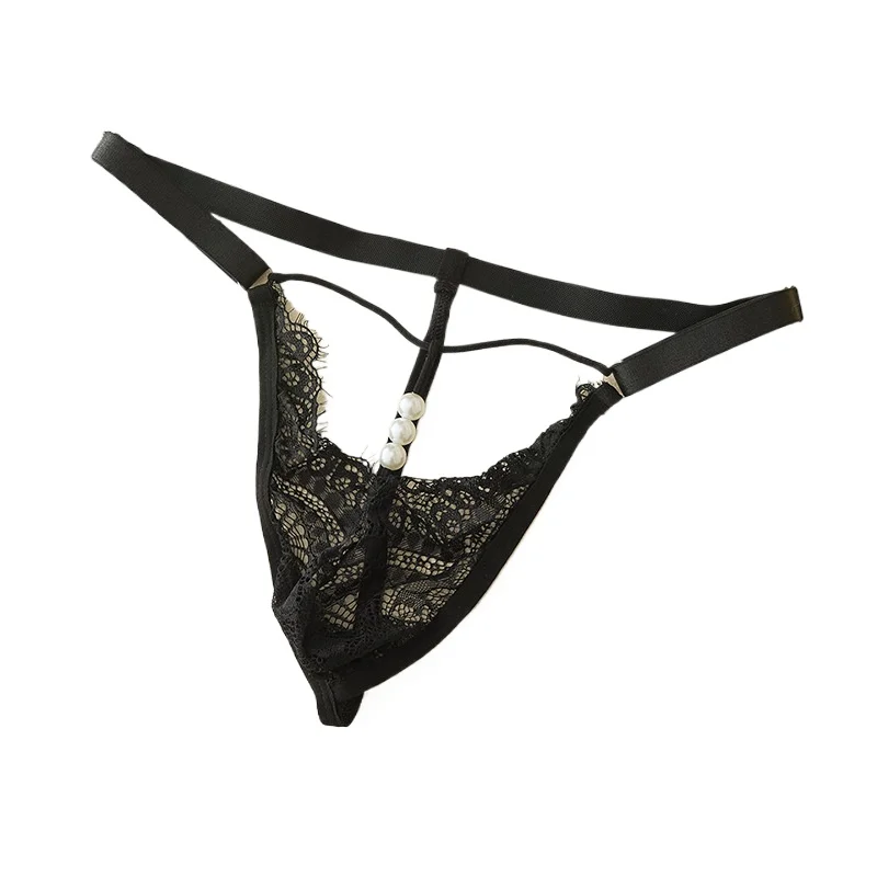 Men G-String Thongs Lace Pearl Hollow Out See Through Sexy T-Back Briefs U Convex Pouch Panties Adjustable Waist Belt Underwear