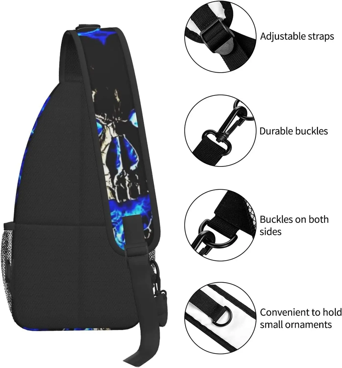 Crossbody Backpack Skull Blue Fire Sling Shoulder Bag for Men Women Durable Adjustable Gym Bag Cycling Traveling Hiking One Size