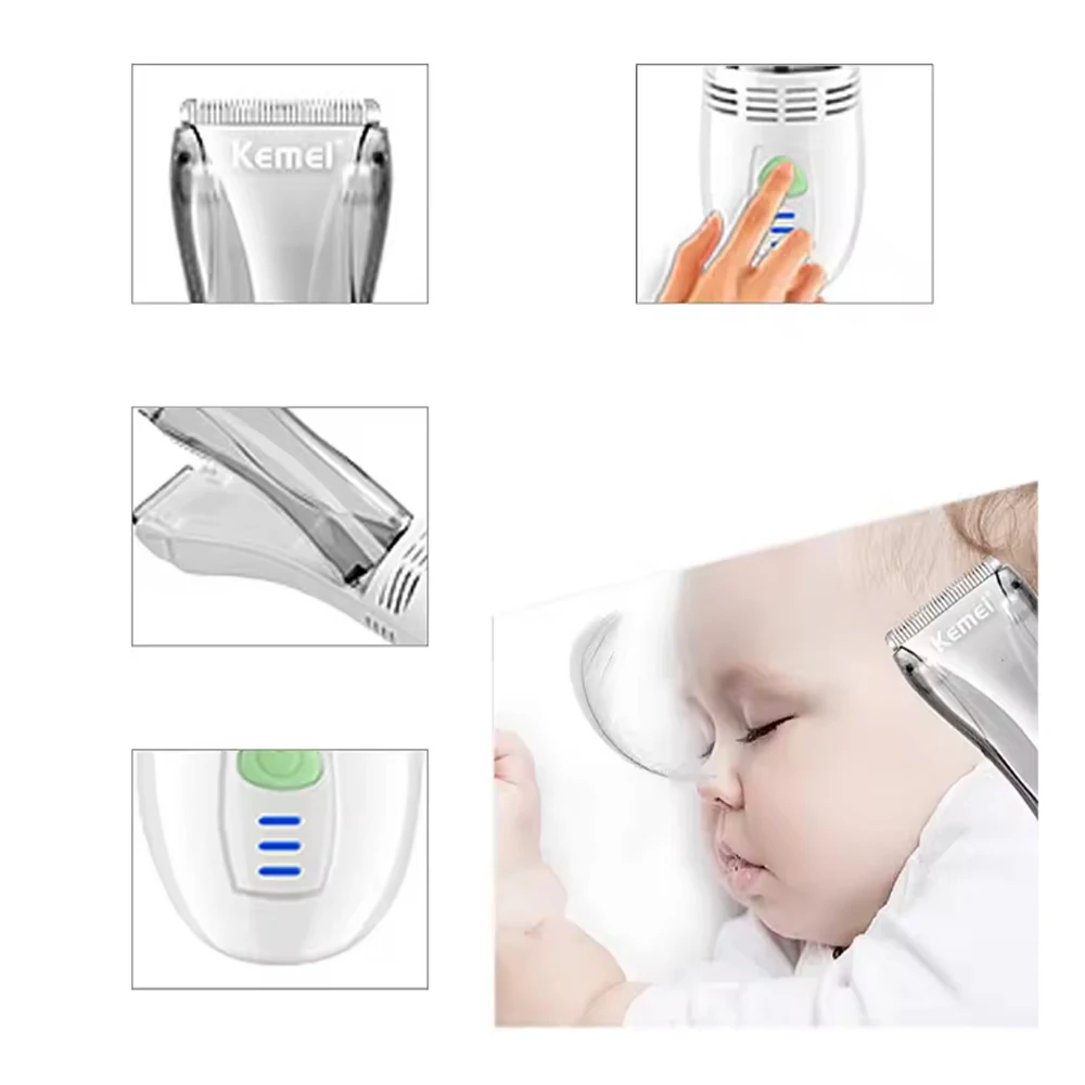 Kemei KM-79 فراغ حلاقة عدة كتم النوم الطفل اللاسلكي الشعر المتقلب التلقائي جمع الأطفال مشابك شعر منخفضة الضوضاء الاستخدام المنزلي
