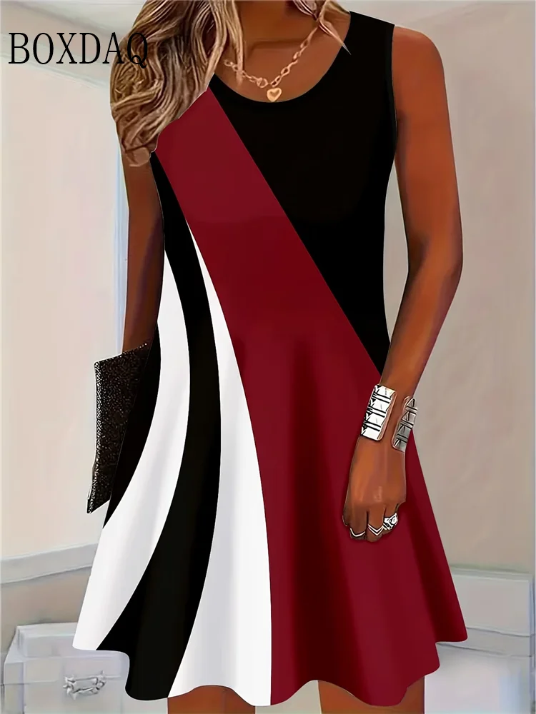 Elegantes Party-Sommerkleid für Damen, Rundhalsausschnitt, ärmellos, A-Linien-Kleid, lässig, Alltagsmode, schlichtes Kleid mit abstraktem Aufdruck
