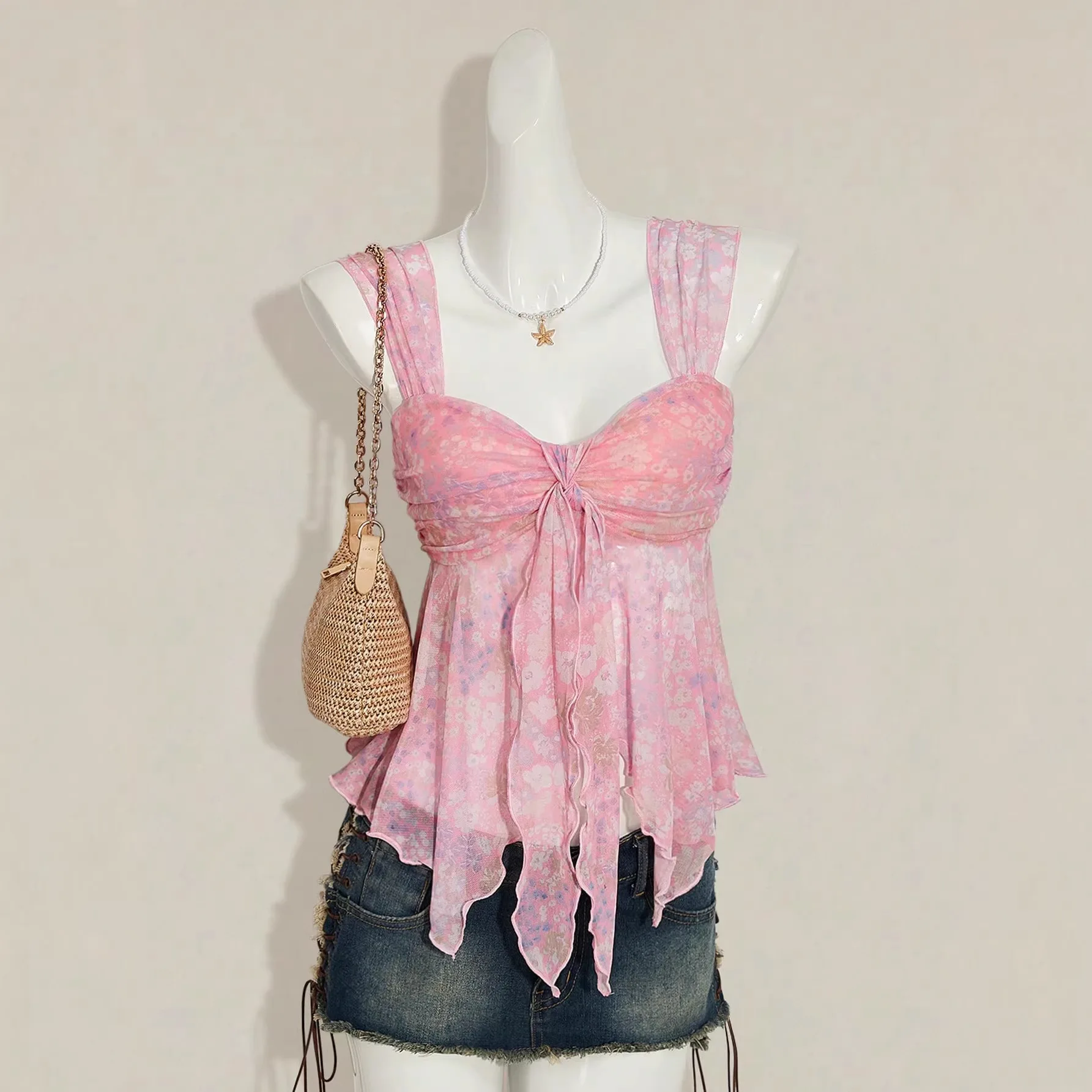 Summer Floral print Harajuku Sexy Girly fashion new V-neck bow slim fit aesthetics fairycore High Street suspender versatile top
