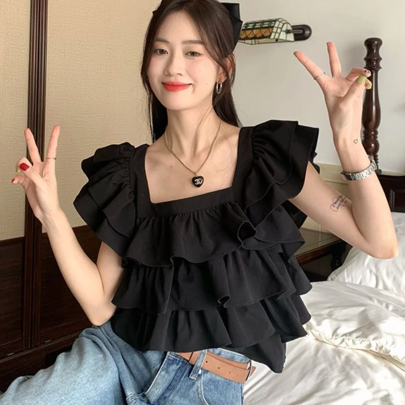 Flying Sleeve Blouses Women Ruffles Sweet Summer Crop Tops Fashion Elegant Square Collar Female Holiday Korean Style All-match