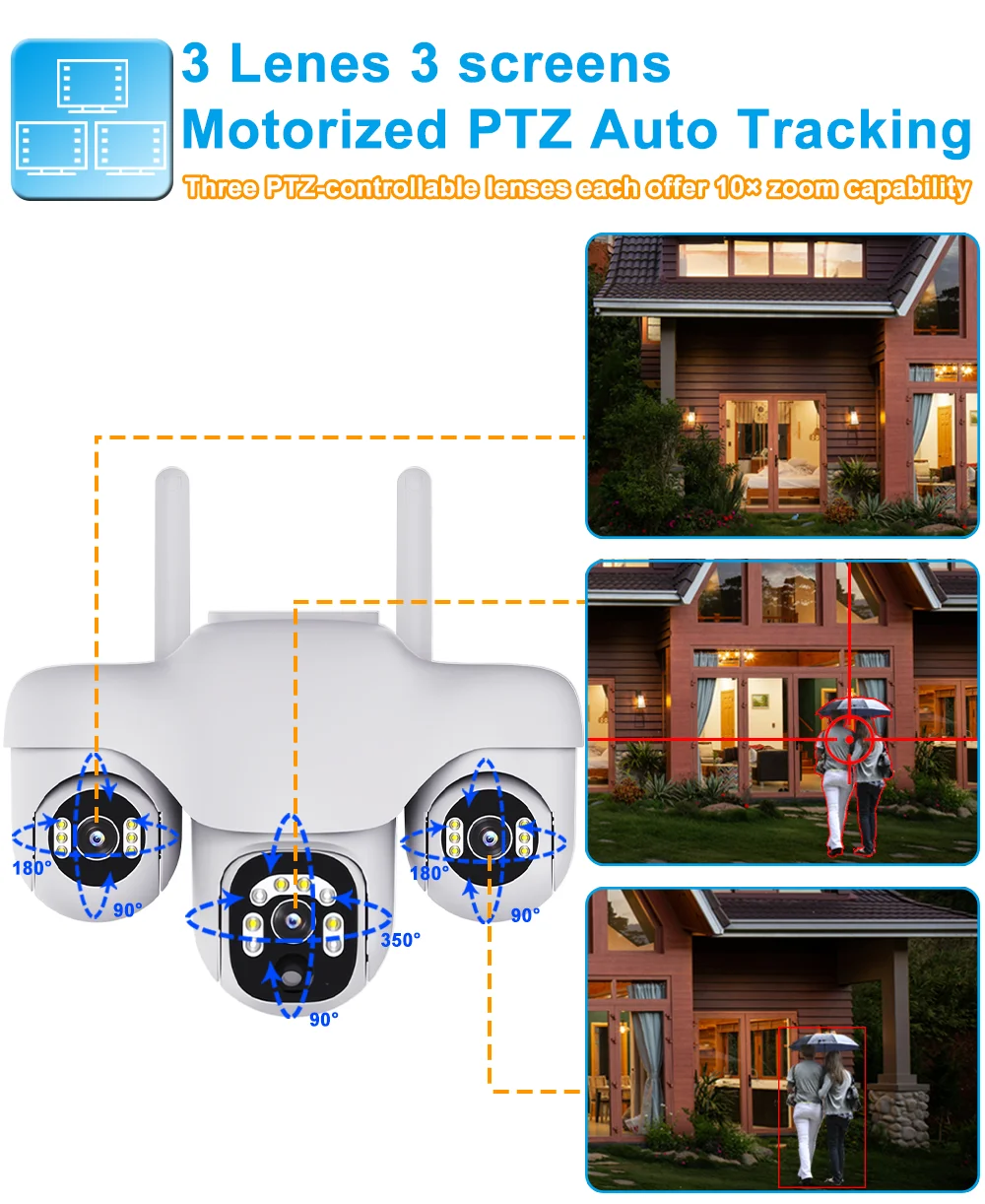 12MP HD ثلاثة عدسة تعمل بالطاقة الشمسية كاميرا مراقبة في الهواء الطلق CCTV 10X التكبير كاميرا أمان لاسلكية مقاوم للماء كاميرا متحركة مزرعة