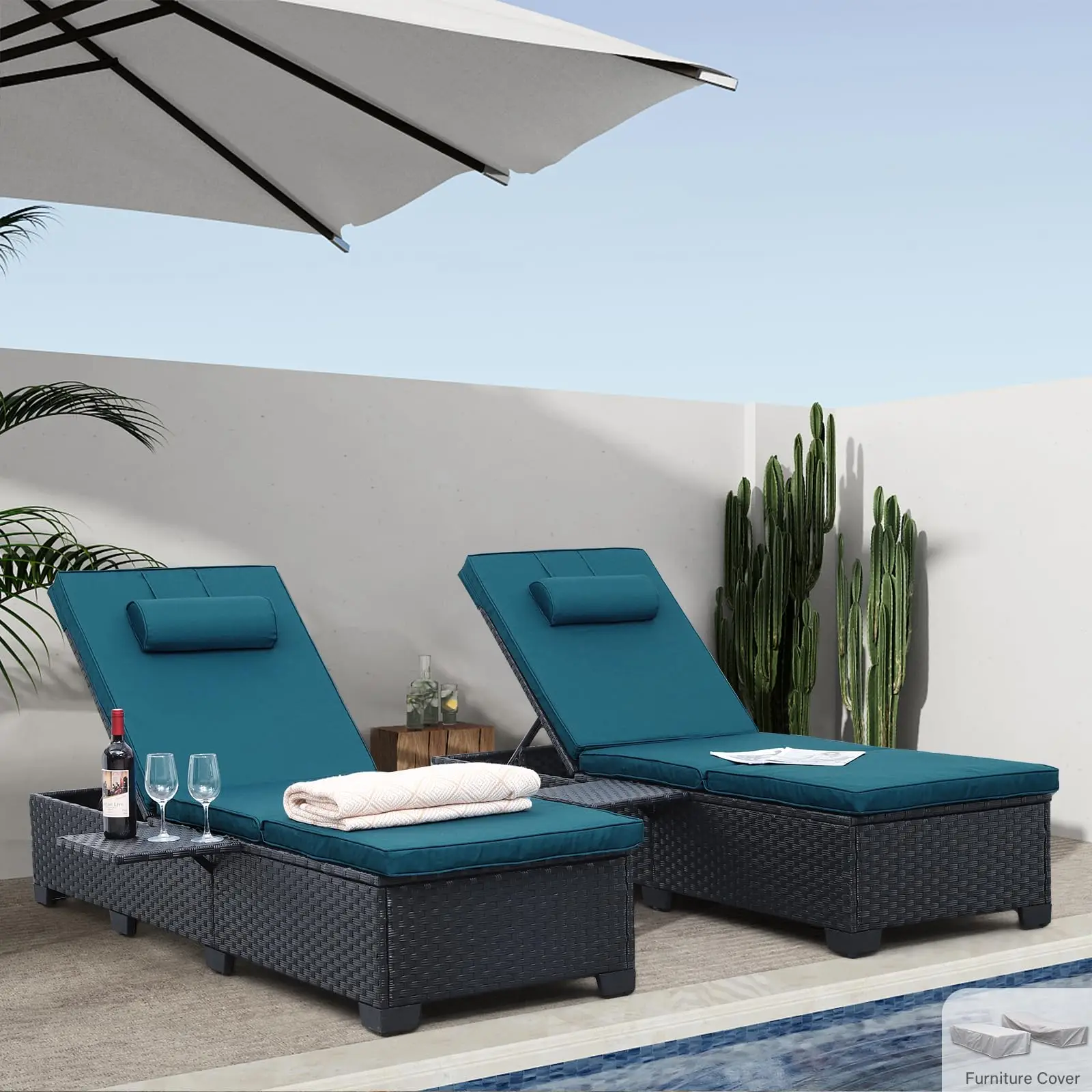 Outdoor Chaise Lounge Chairs for Outside Patio Furniture Set of 2 Wicker Recliner Black Rattan Sunbathing Lounger
