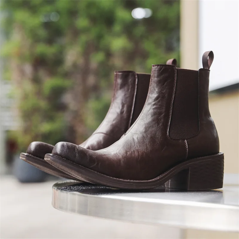 big size mens fashion hip hop rock high chelsea boots black brown pointed toe shoes cowboy genuine leather boot motorcycle botas - view 3