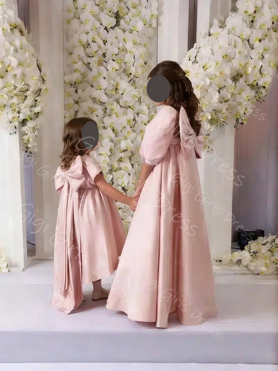 Elegant A-line/Princess Flower Girl Dresses for Wedding Party Kids High Waist Puff Sleeves Holy Communion Dress with Bow Custom