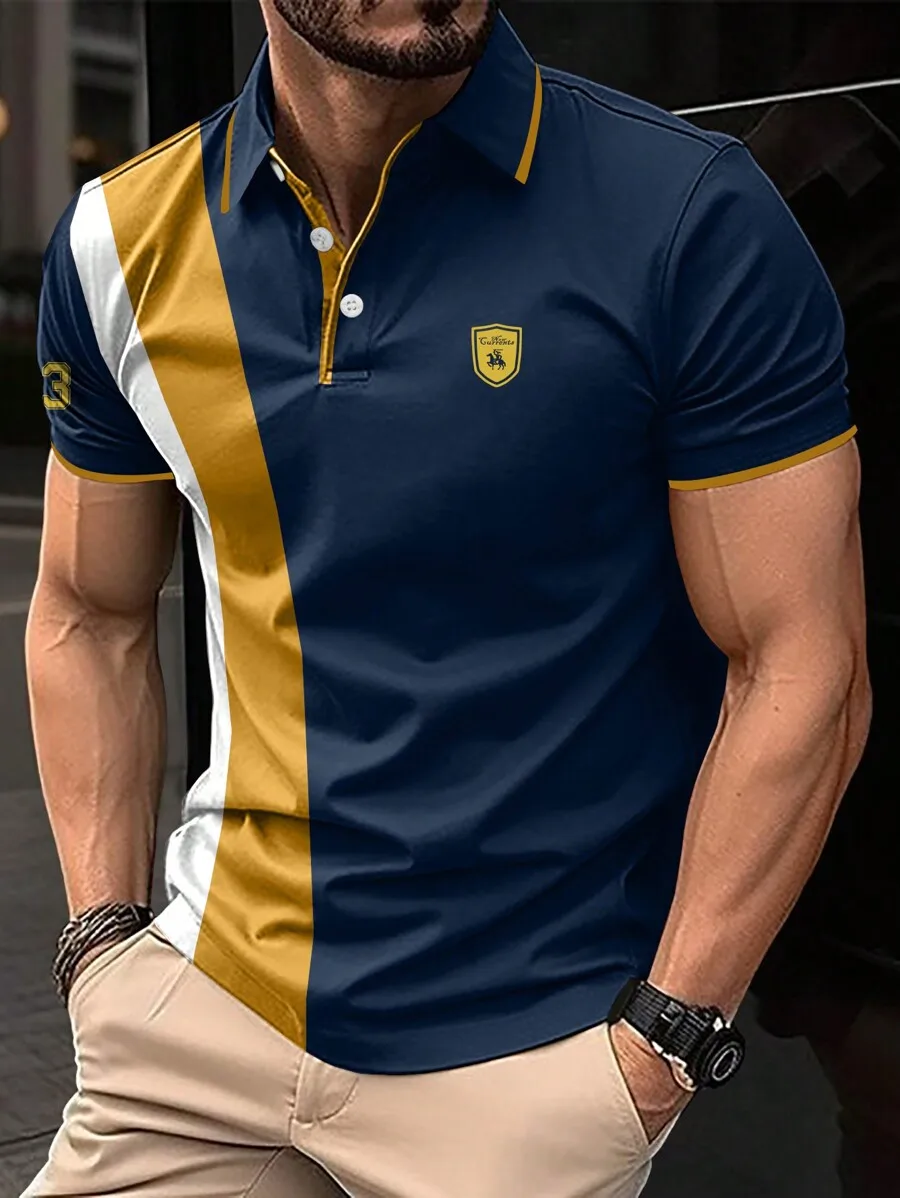 

Men's Colorblock Polo Shirt with Shield Embroidery, Navy Gold White