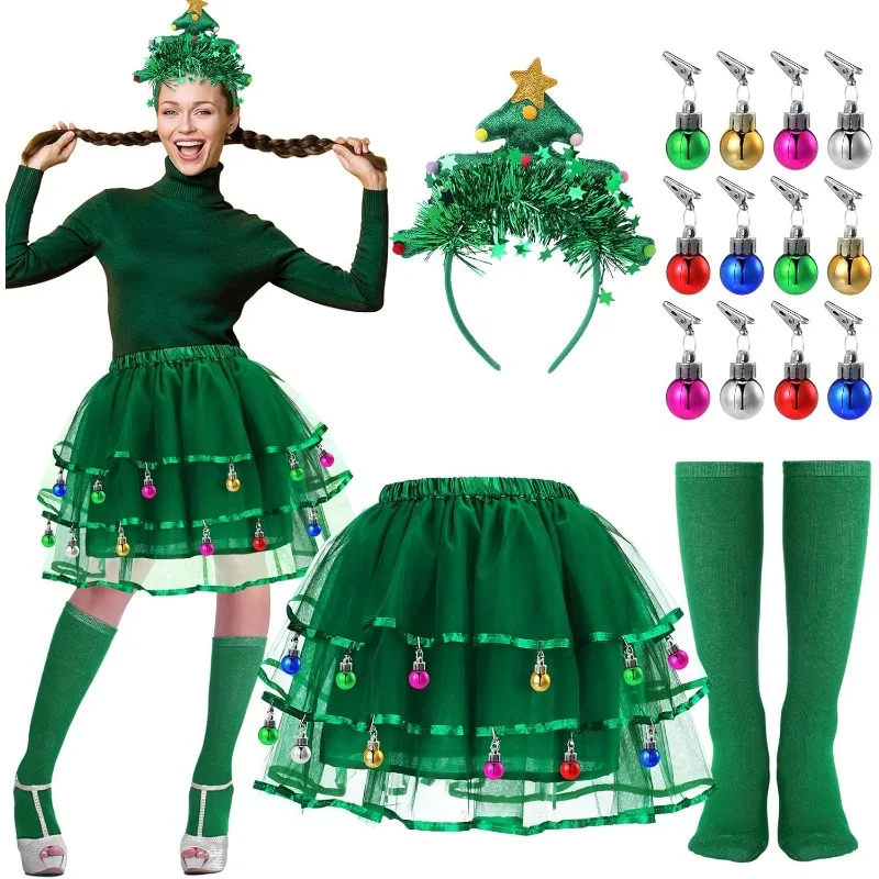 

Christmas Tree Cosplay Costumes for Women Christmas Tutu Skirt Christmas Tree Headband Socks Xmas Tree Outfit for Costume