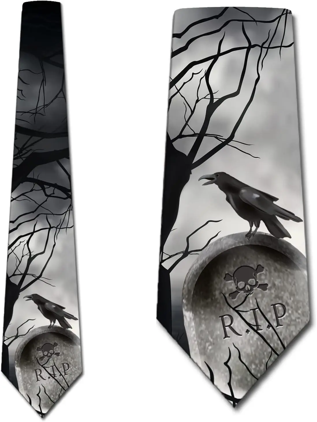 Raven R.I.P Halloween Skull Ties Mens Tombstone Necktie Crow Tie for Men Women Ties Designer Gothic Theme Decor Print