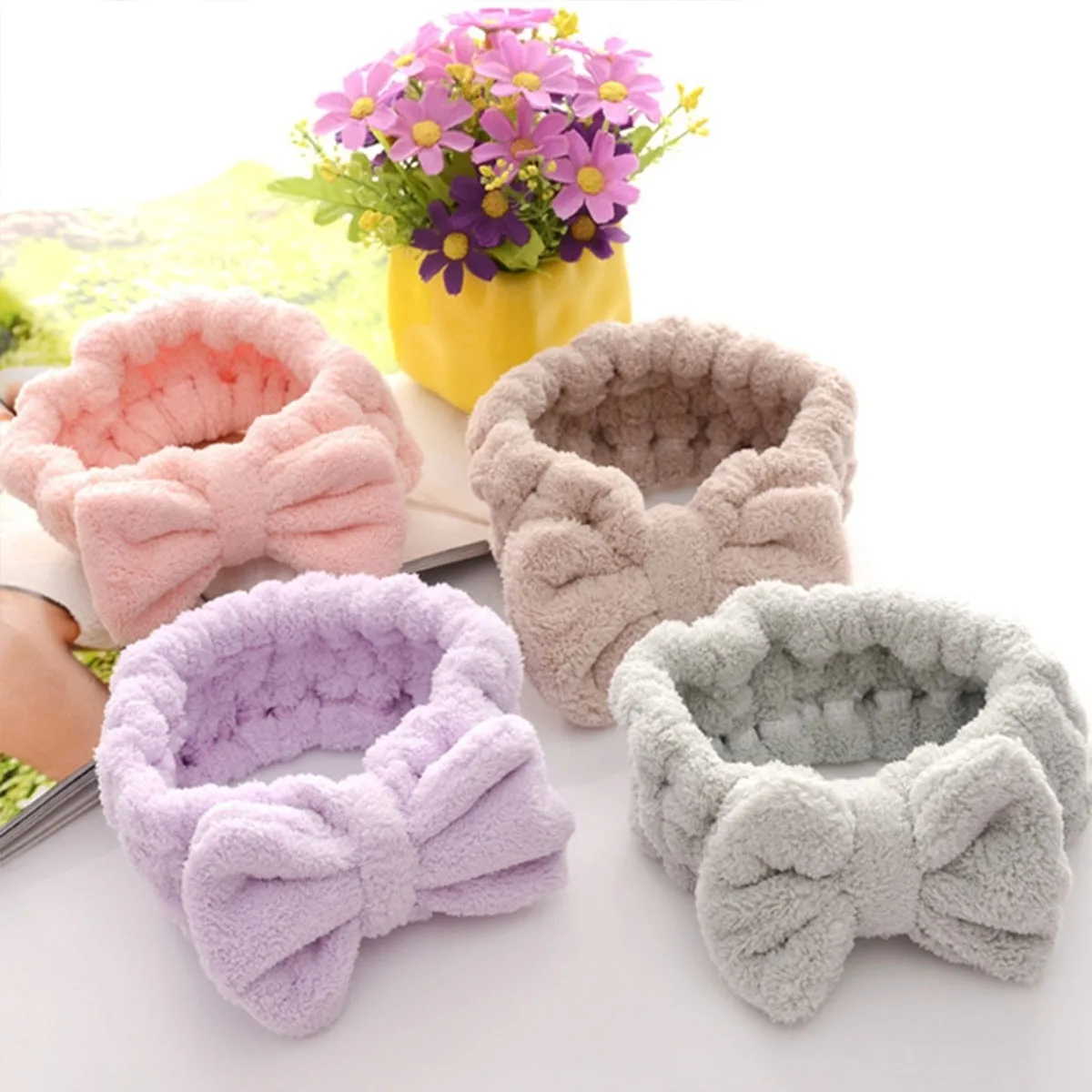 

1pc Soft Bow Wash Face Headbands for Women Coral Fleece Hair Bands Cuff Waterproof Bands Absorbent Wristbands Hair Accessories