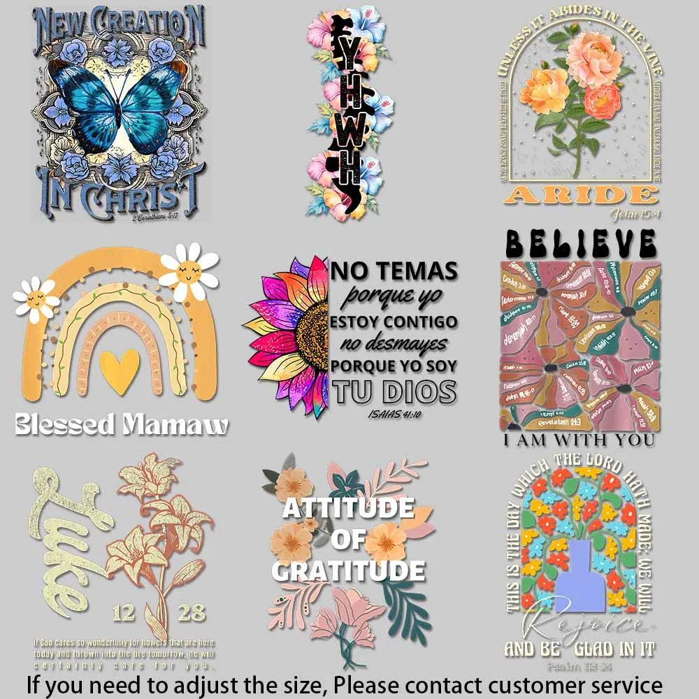 Vibrant Floral & Religious Quote Heat Transfer Patches - DIY Decoration for T-Shirts, Tote Bags & More, Washable & Durable